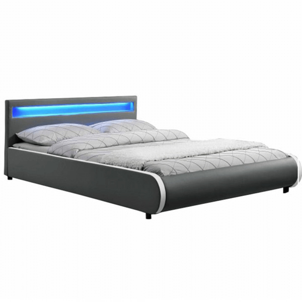 Manželská postel DULCEA s RGB LED osvětlení,160x200 cm, šedá ekokůže