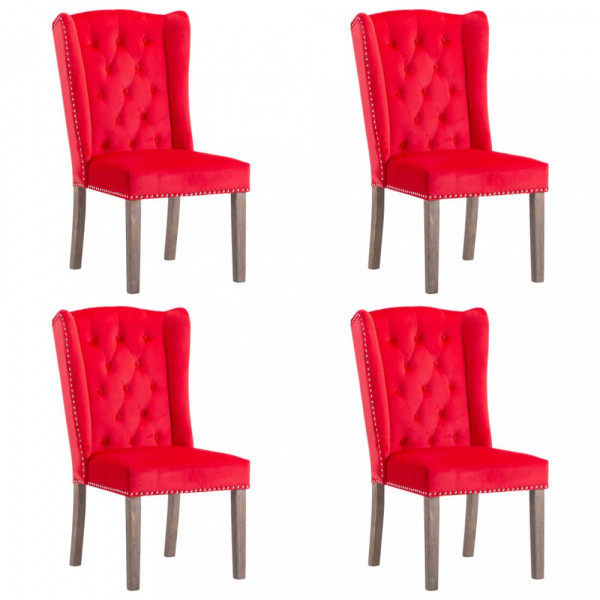 Jídelní židle 4 ks samet / kaučukovník Dekorhome Červená,Jídelní židle 4 ks samet / kaučukovník Deko