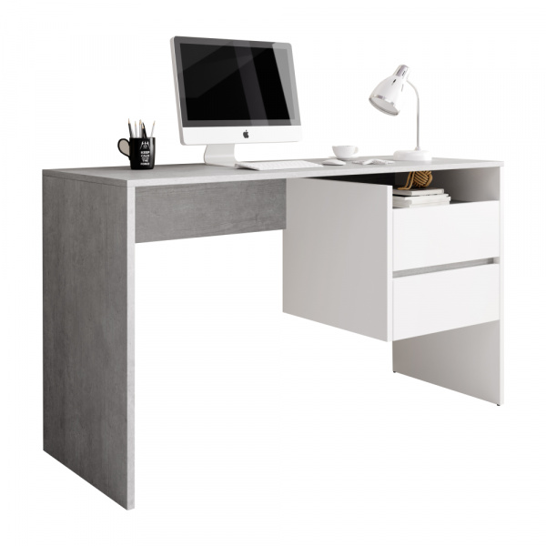 PC stůl se zásuvkami TULIO Bílá / beton,PC stůl se zásuvkami TULIO Bílá / beton