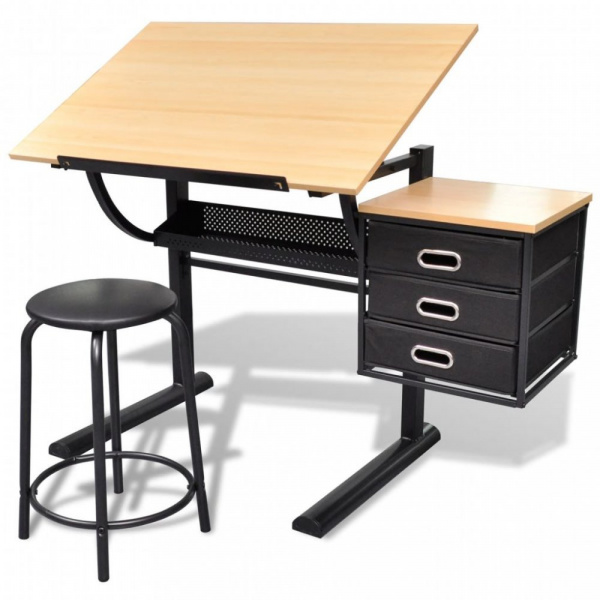 Náklopný kreslicí stůl s židlí a zásuvkami Dekorhome,Náklopný kreslicí stůl s židlí a zásuvkami Deko