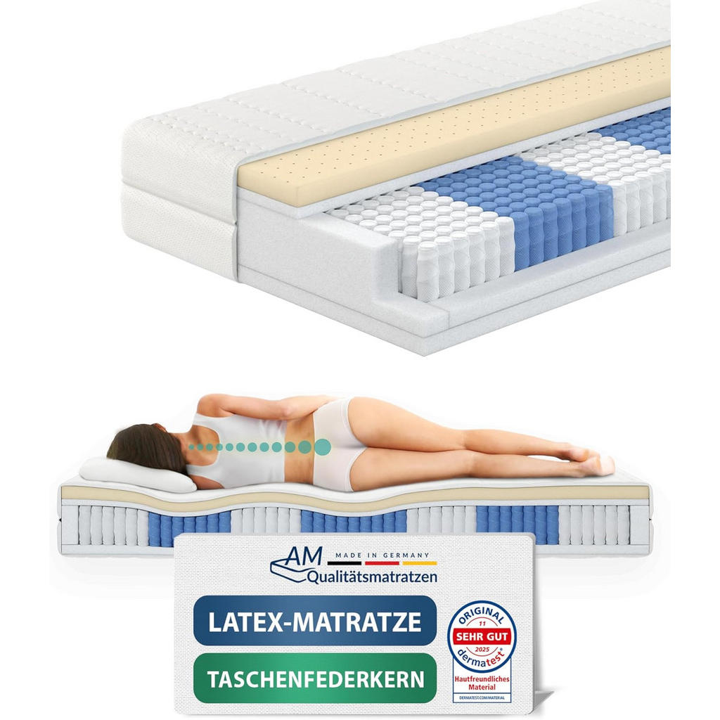 AM Qualitätsmatratzen LATEXOVÁ matrace s taštičkovými pružinami, 1000 pružin, 180/200 cm, H2 - výška 24 cm a potah Tencel