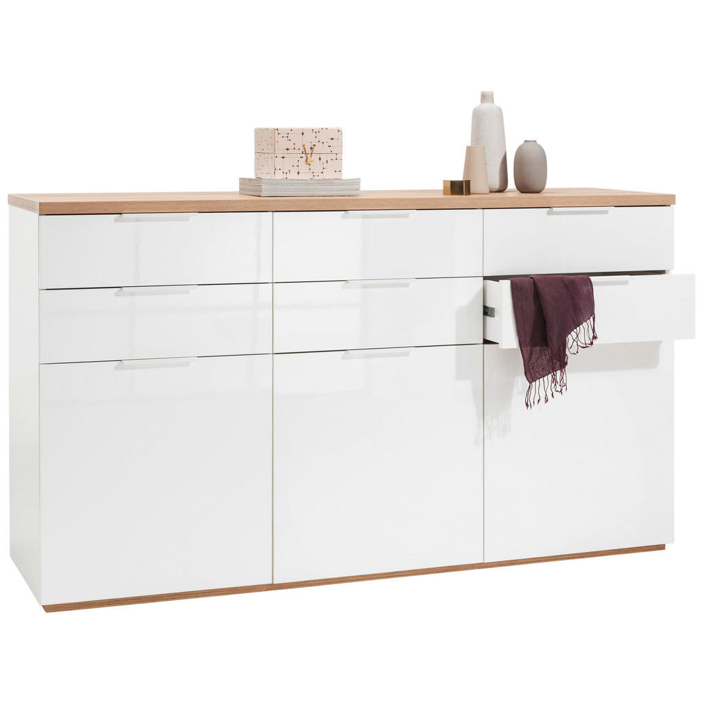 Carryhome ŠIROKÁ KOMODA, barvy dubu, vysoce lesklá bílá, 180/102/50 cm