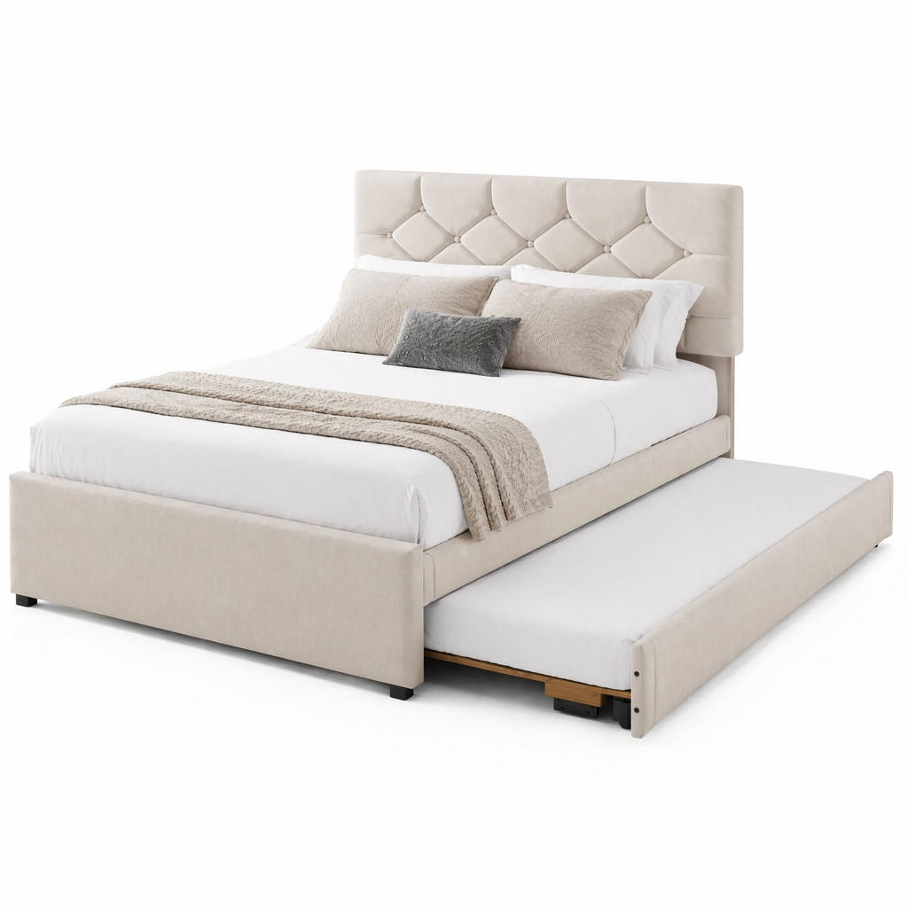 CHICFURN ČALOUNĚNÁ POSTEL 140/200 cm & 90/190 cm v béžové barvě s výsuvným lůžkem ze sametu