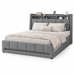 CHICFURN ČALOUNĚNÁ POSTEL 140/200 cm v šedé barvě se 2 zásuvkami, LED, USB a lněnou látkou