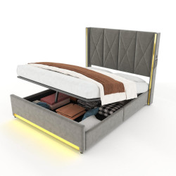CHICFURN ČALOUNĚNÁ POSTEL 160/200 cm v tmavě šedé barvě s úložným prostorem, LED a USB