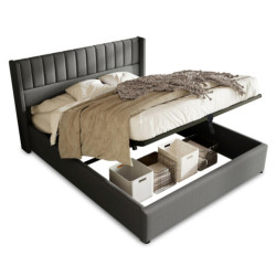 CHICFURN ČALOUNĚNÁ POSTEL 180/200 cm v šedé barvě s úložným prostorem a hydraulickým mechanismem z lnu