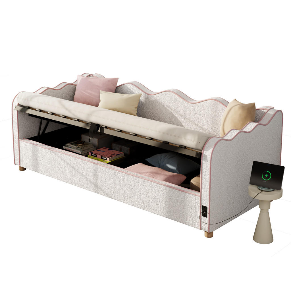 CHICFURN ČALOUNĚNÁ POSTEL 90/200 cm v béžové barvě s úložným prostorem, USB a Type-C