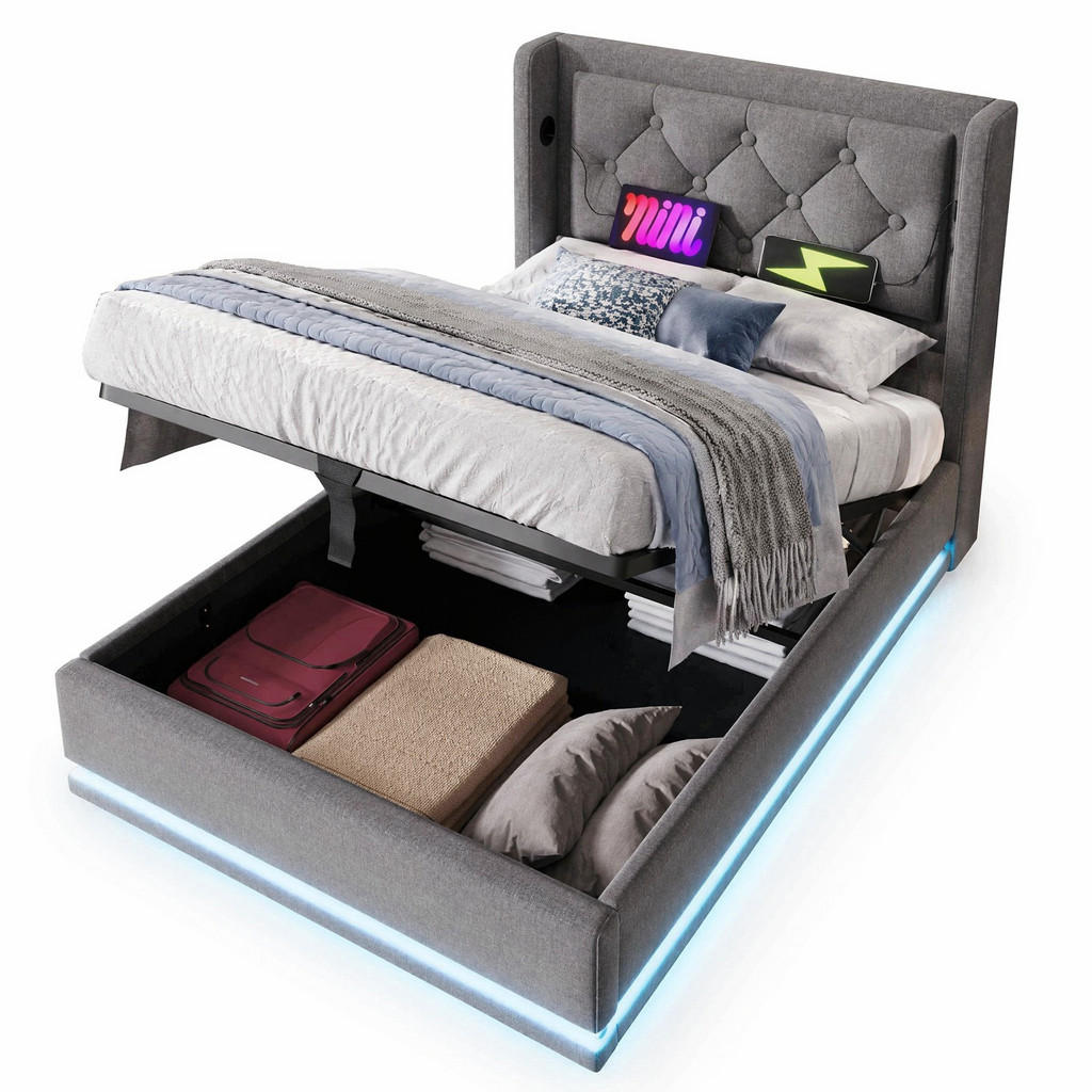 CHICFURN ČALOUNĚNÁ POSTEL 90/200 cm v šedé barvě s úložným prostorem, LED, USB a Type-C