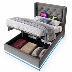 CHICFURN ČALOUNĚNÁ POSTEL 90/200 cm v šedé barvě s úložným prostorem, LED, USB a Type-C