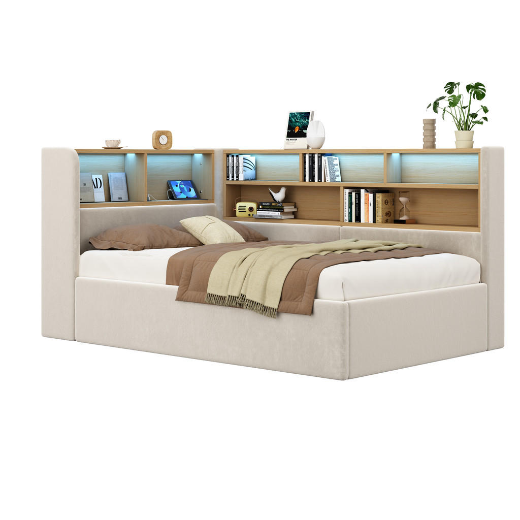 CHICFURN DĚTSKÁ POSTEL 90/200 cm v béžové sametové látce s úložným prostorem, LED, USB a Type-C