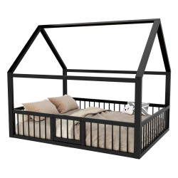 CHICFURN DOMEČKOVÁ POSTEL 140/200 cm v černé barvě s bezpečnostním zábradlím