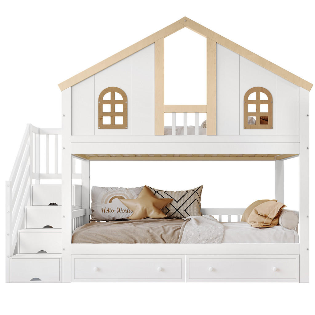 CHICFURN PATROVÁ POSTEL 90/200 cm v bílé a přírodní barvě se schůdky a úložným prostorem