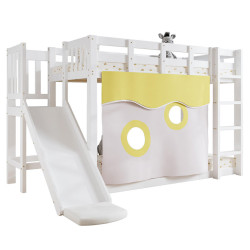 CHICFURN PATROVÁ POSTEL 90/200 cm v bílé barvě se skluzavkou a závěsy