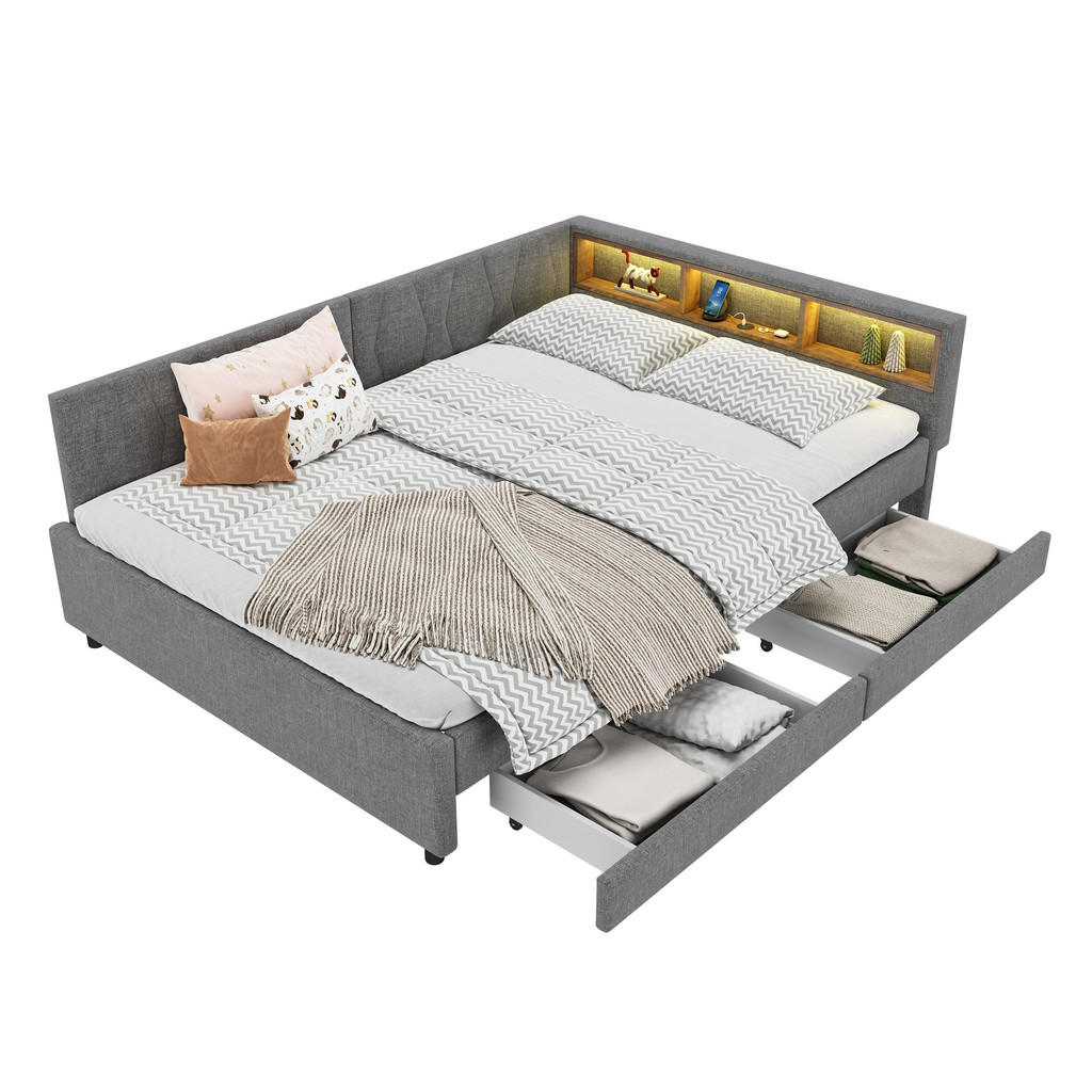 CHICFURN POSTEL 140/200 cm v šedé barvě s LED osvětlením, USB-C a 2 zásuvkami