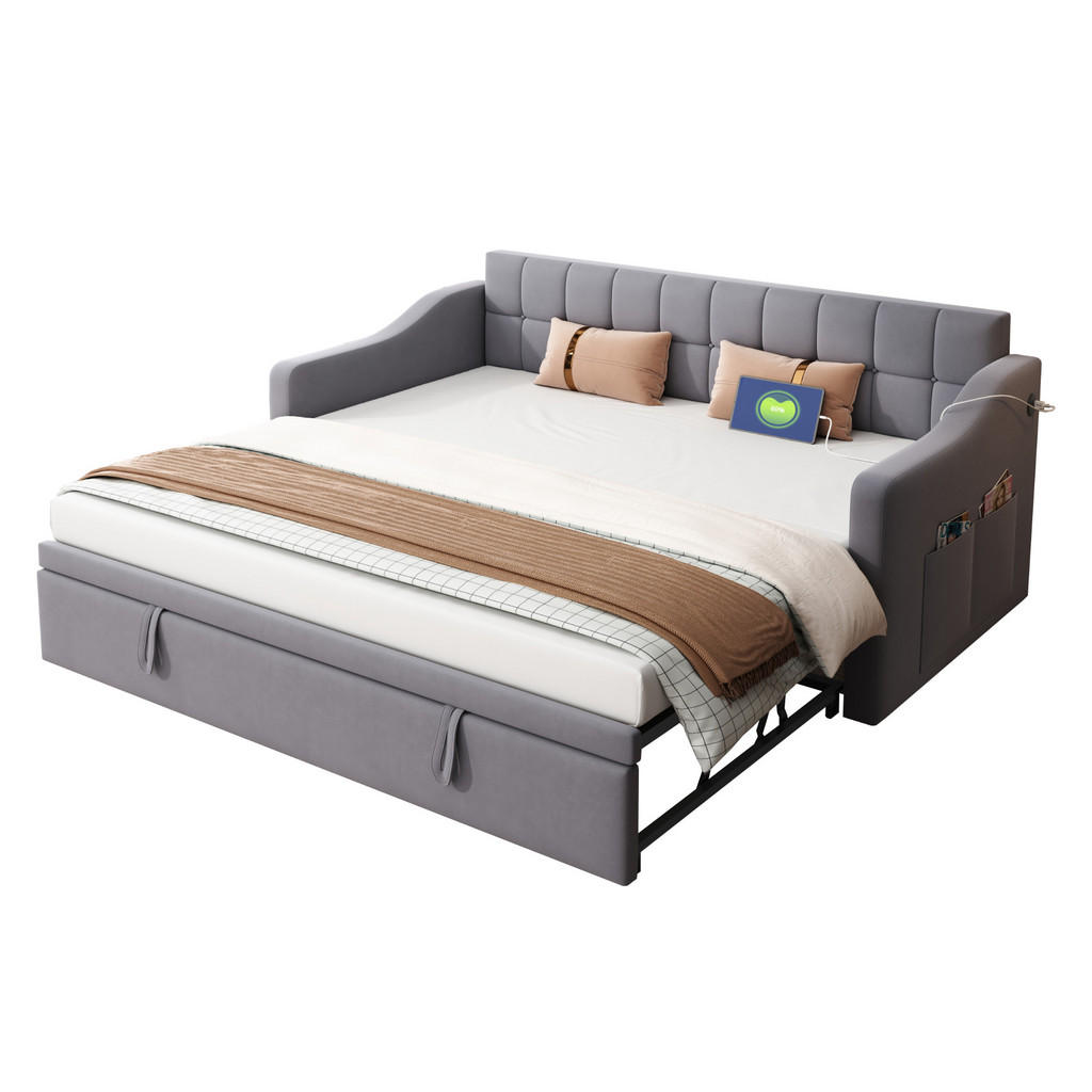 CHICFURN ROZKLÁDACÍ POHOVKA 90/190 cm v šedé barvě s výsuvným lůžkem, USB a sametem