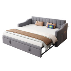 CHICFURN ROZKLÁDACÍ POHOVKA 90/190 cm v šedé barvě s výsuvným lůžkem, USB a sametem