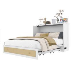 CHICFURN SKLÁPĚCÍ POSTEL 140/200 cm v bílé barvě s úložnou zásuvkou, policí, USB a elektrickou zásuvkou