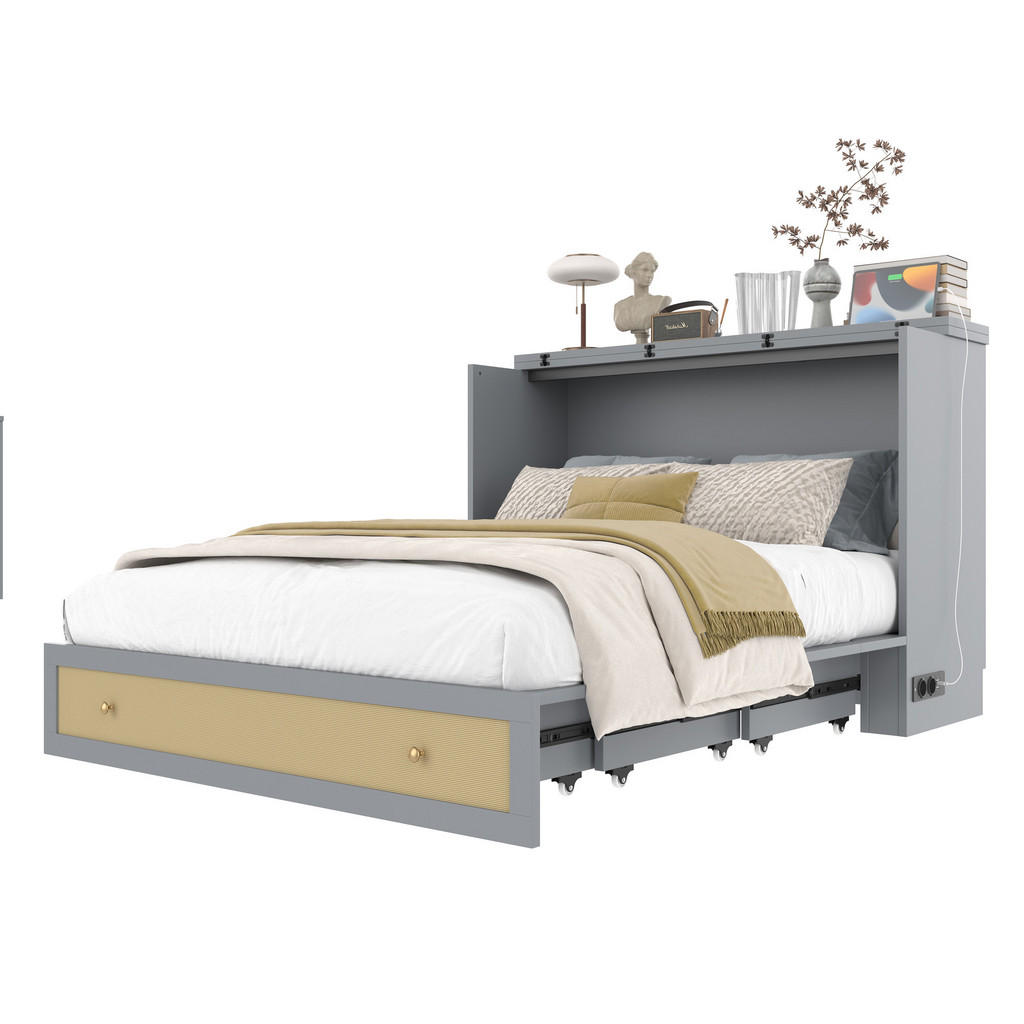 CHICFURN VÝKLOPNÁ POSTEL 140/200 cm v šedé barvě se zásuvkou, USB a elektrickou zásuvkou