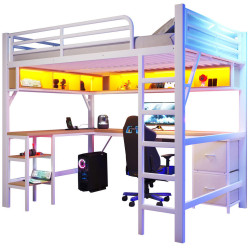 CHICFURN VYVÝŠENÁ POSTEL 140/200 cm v bílé barvě s psacím stolem, LED a USB