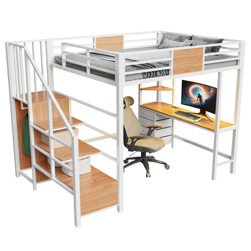 CHICFURN VYVÝŠENÁ POSTEL 140/200 cm v bílé barvě s psacím stolem, LED a zásuvkou