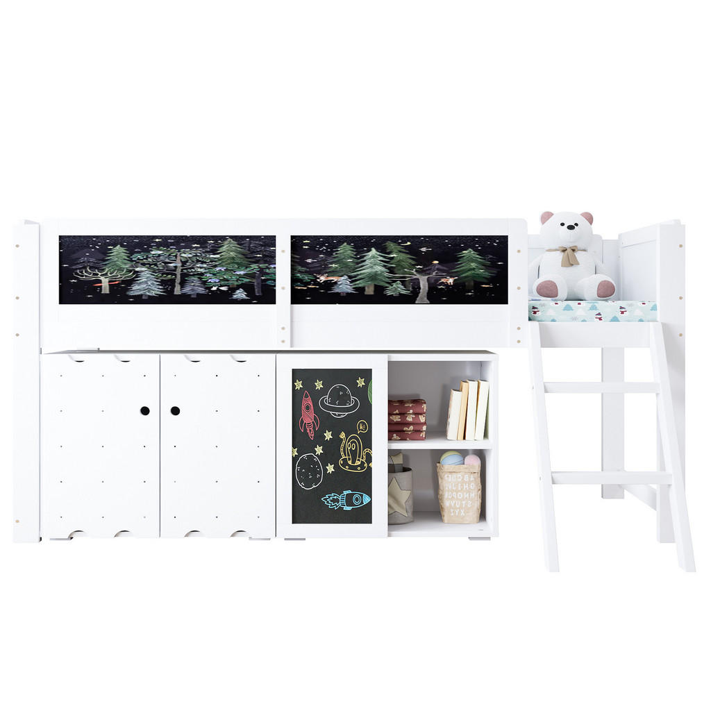 CHICFURN VYVÝŠENÁ POSTEL 90/200 cm v bílé a černé barvě se skříňkou a tabulí