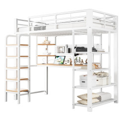 CHICFURN VYVÝŠENÁ POSTEL 90/200 cm v bílé barvě s LED osvětlením, stolem a policemi