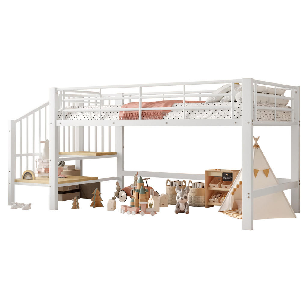 CHICFURN VYVÝŠENÁ POSTEL 90/200 cm v bílé barvě se schodištěm s úložným prostorem
