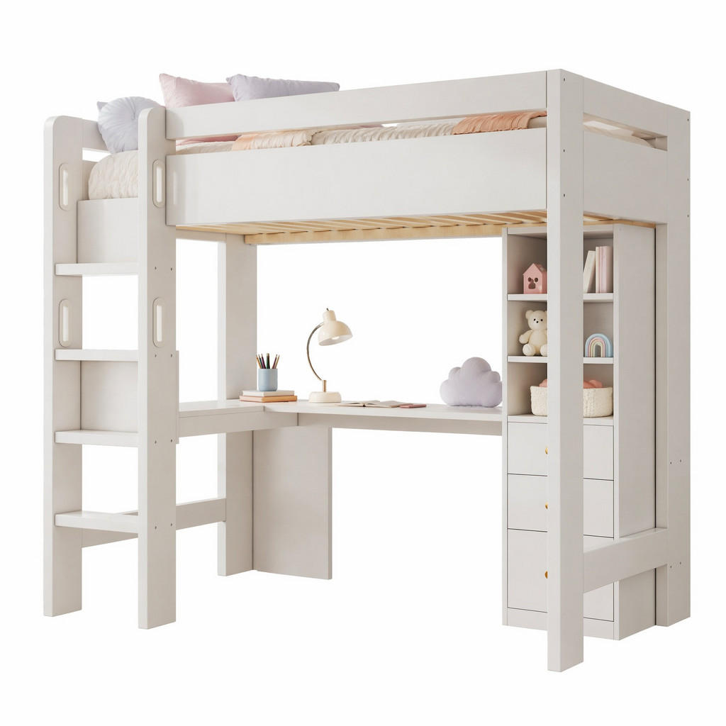 CHICFURN VYVÝŠENÁ POSTEL 90/200 cm v bílé barvě se stolem, policemi, zásuvkami a USB