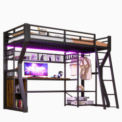 CHICFURN VYVÝŠENÁ POSTEL 90/200 cm v černé barvě s LED páskem, zásuvkou a psacím stolem