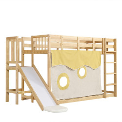 CHICFURN VYVÝŠENÁ POSTEL 90/200 cm v přírodní barvě se schůdky, skluzavkou a závěsy