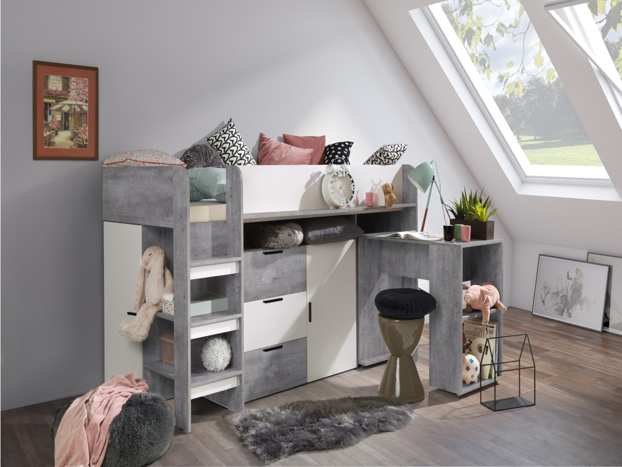 Dětský pokoj Konkret 1 Barva korpusu: Beton, Dveře: Bílá, Strana: Levá