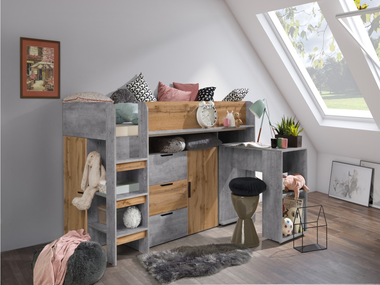 Dětský pokoj Konkret 1 Barva korpusu: Beton, Dveře: Dub wotan, Strana: Levá