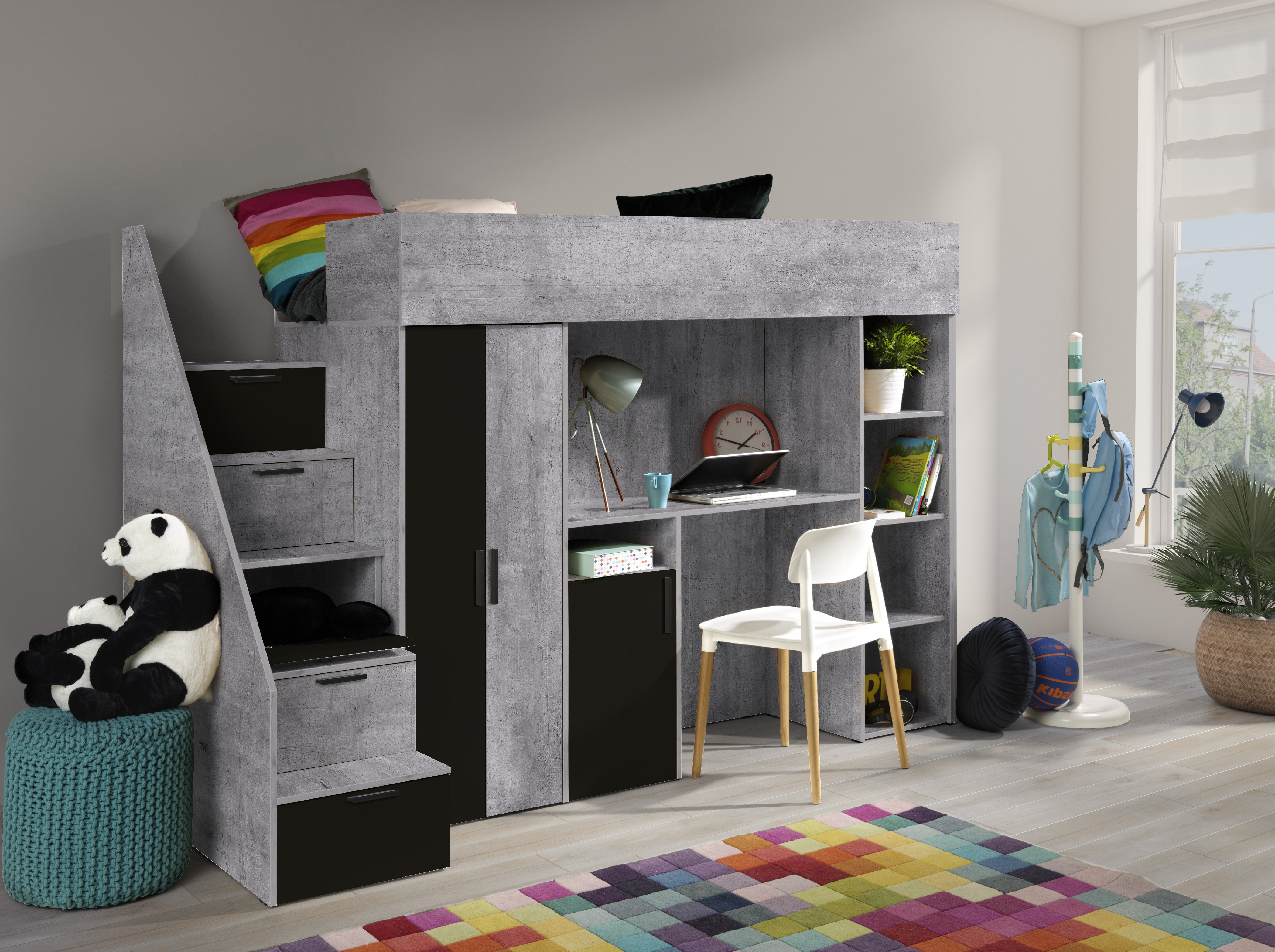 Dětský pokoj Konkret 14 Barva korpusu: Beton, Dveře: Černá, Strana: Levá