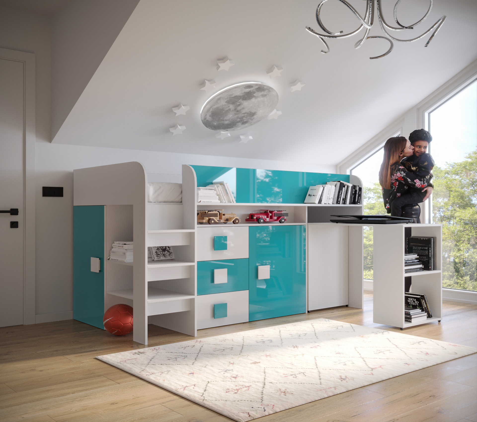 Dětský pokoj Toledo 1A Barva korpusu: Bílá, Dveře: Tyrkysová