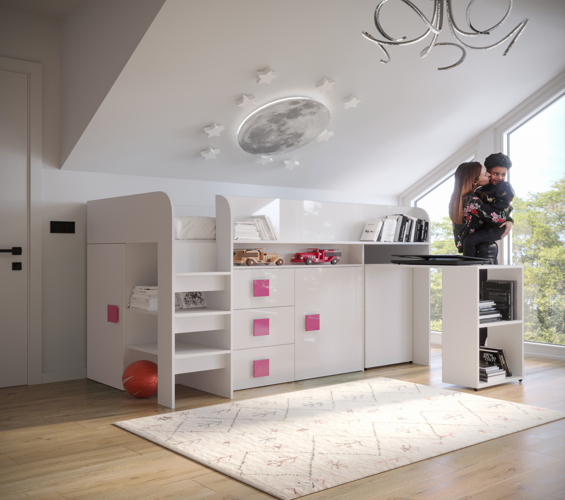 Dětský pokoj Toledo 1B Barva korpusu: Bílá, Úchytky: Růžové