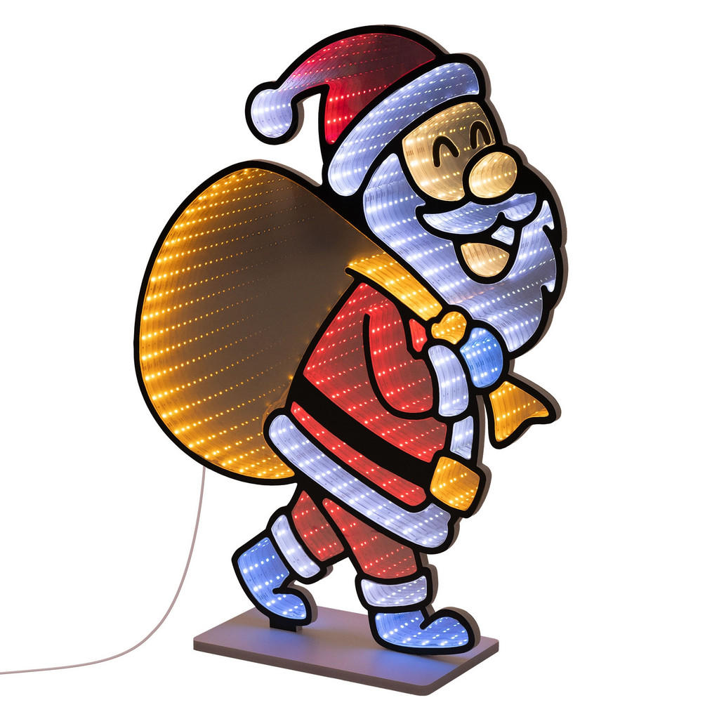 ECD-Germany VÁNOČNÍ DEKORACE Santa Claus s pytlem na dárky LED Infinity Mirror 3D efekt s řetězem světel 47x60 cm pro vnitřní použití