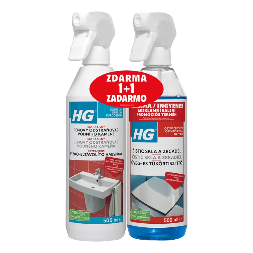 HG extra silný pěnový odstraňovač vodního kamene 500ml + HG čistič skla a zrcadel 500ml