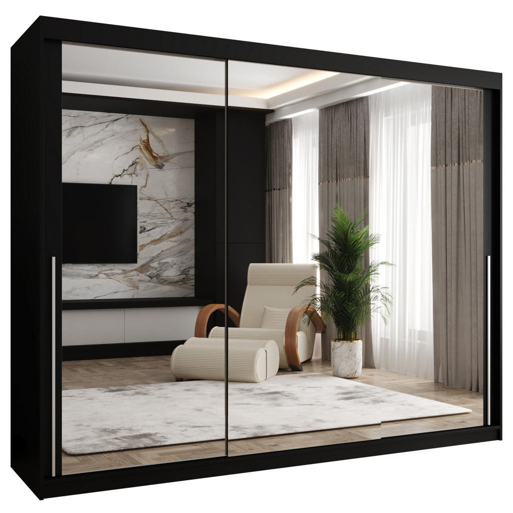 Home Collective ŠATNÍ SKŘÍŇ S POSUVNÝMI DVEŘMI se zrcadlem, šířka 250 cm, černá se stříbrným madlem