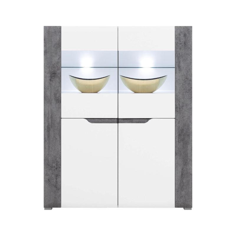 Kredenc brando - bílá / beton / bílý lesk