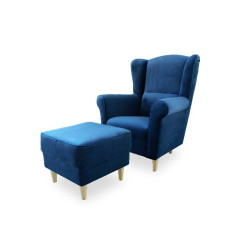 Křeslo ušák, s taburetem, látka modrá, astrid
