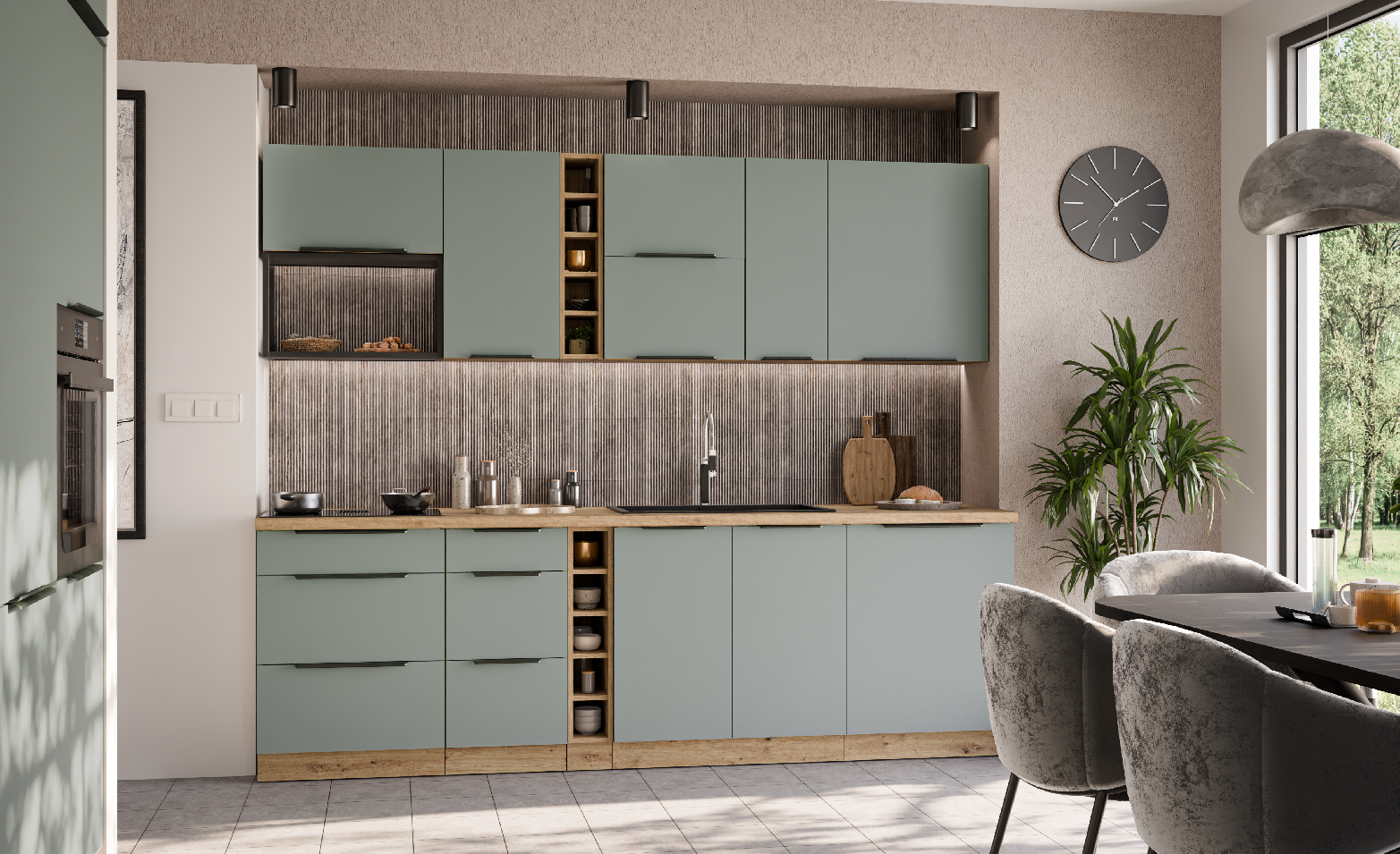 Kuchyňská linka 255 cm Aria 1 - Dub artisan + SA Aquamarine AFM