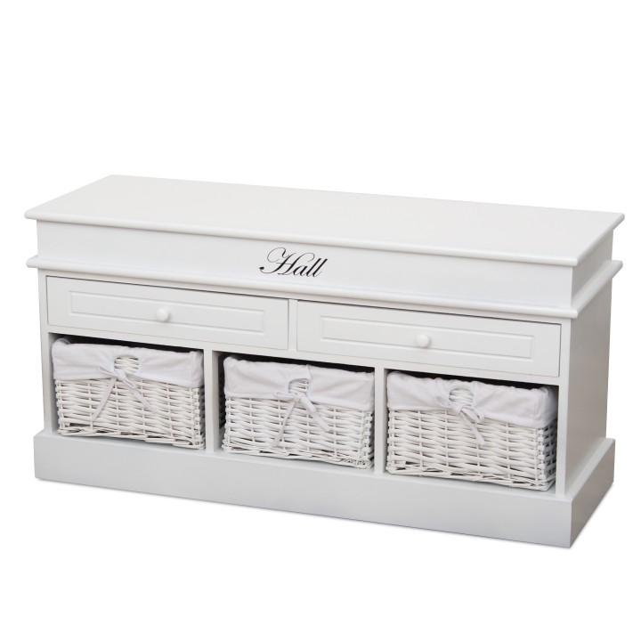 Lavice, 3 košíky, 2 zásuvky, dřevo/proutí, bílá, blanco