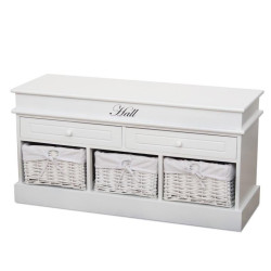 Lavice, 3 košíky, 2 zásuvky, dřevo/proutí, bílá, blanco