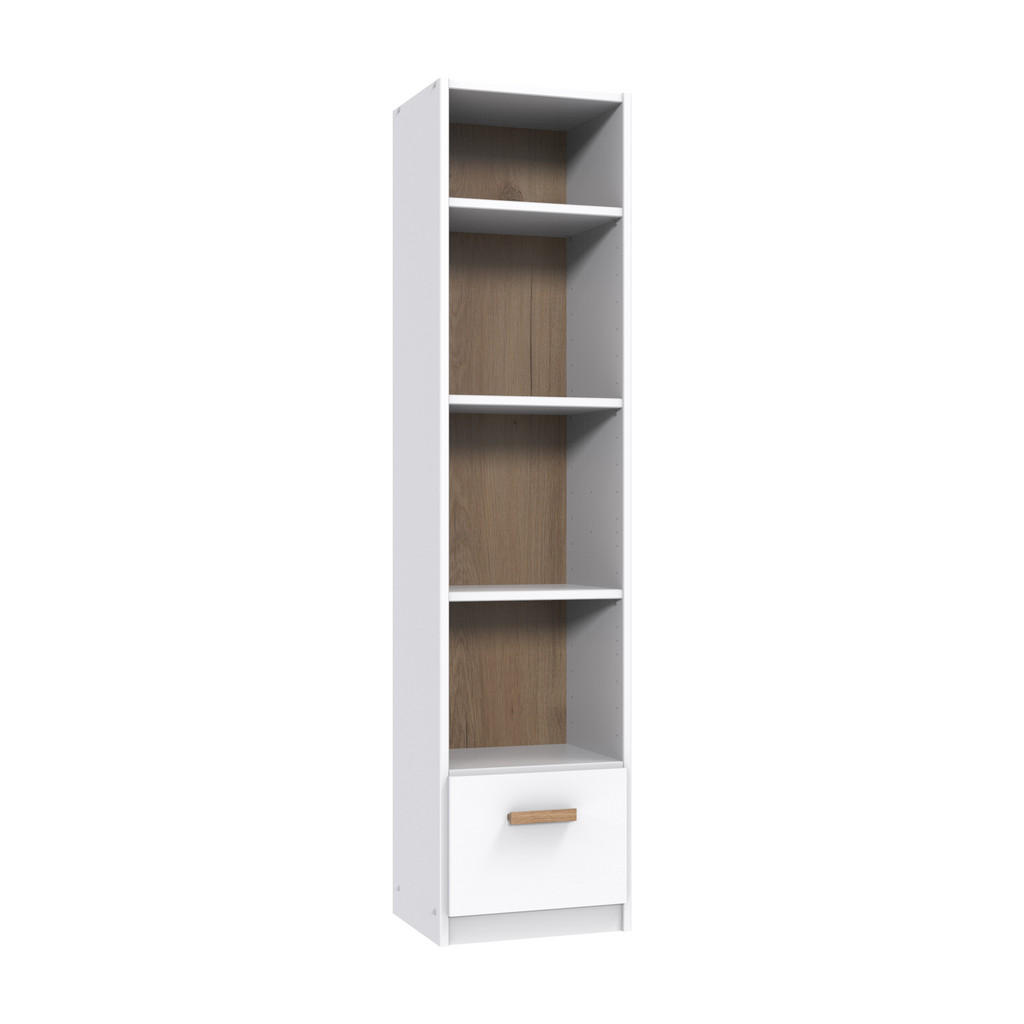 luma-home STOJAN s zásuvkami Š47/V197/H40 cm, ladící k dětskému pokoji v provedení bílá a dub (22811, 22812, 22813) / 22814