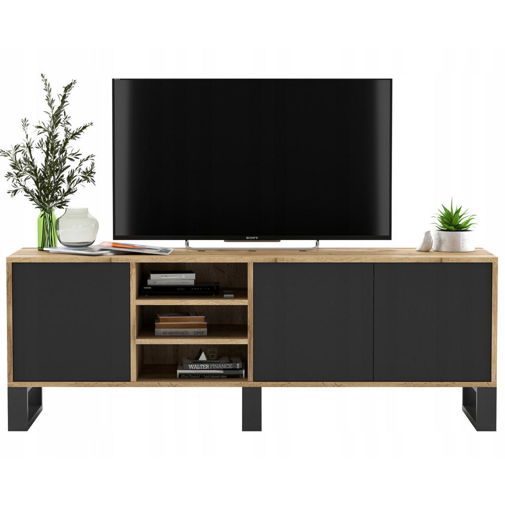 Meble Lindner TV stolek Apollo dub Wotan / černá matná 150 cm s kovovými nohami