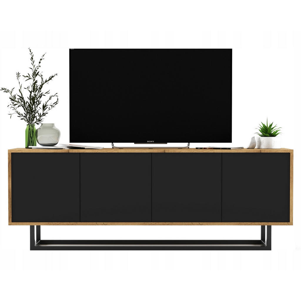 Meble Lindner TV stolek Apollo2 dub Wotan / černá matná 150 cm s kovovým rámem