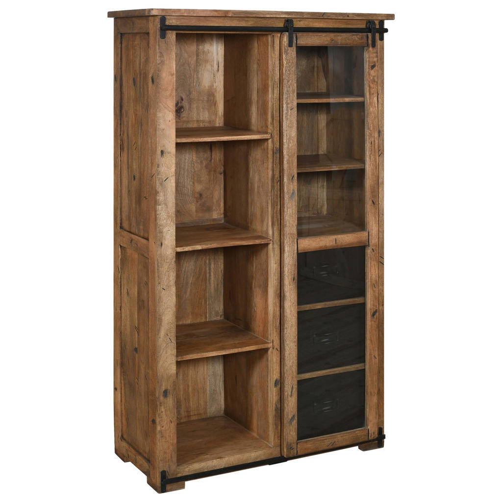 MID.YOU VITRÍNA, mangové dřevo, antracitová, přírodní barvy, 100/175/45 cm