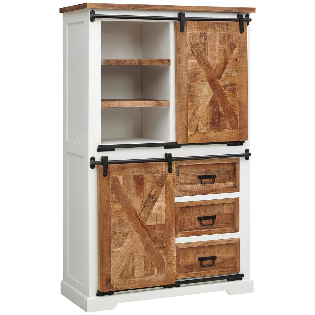 MID.YOU VITRÍNA, mangové dřevo, přírodní barvy, černá, bílá, 100/160/45 cm