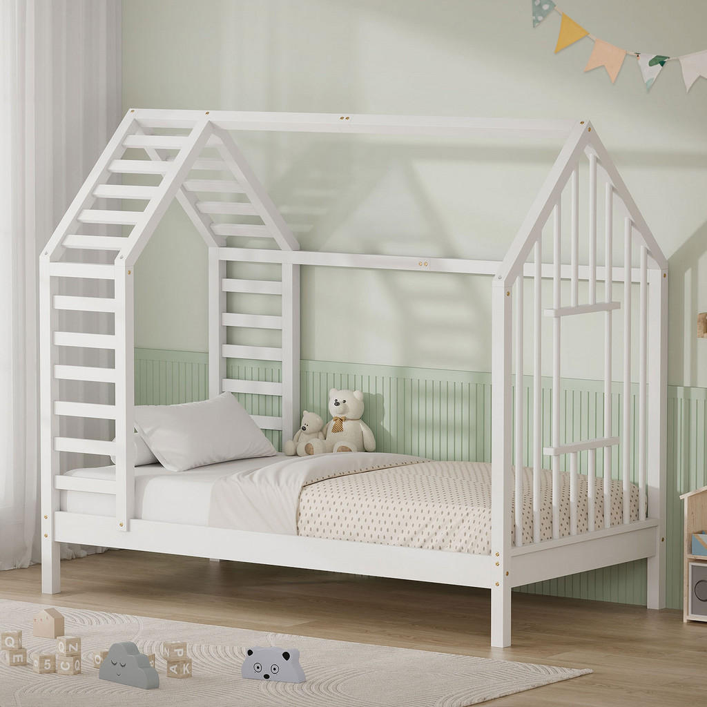 ML-DESIGN DĚTSKÁ POSTEL 80x160 cm s lamelovým roštem, střechou a oknem – postel ve tvaru domečku z masivního borovicového dřeva v bílé barvě