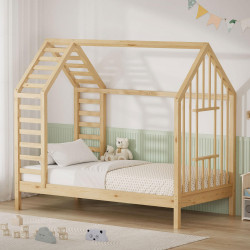 ML-DESIGN DĚTSKÁ POSTEL 80x160 cm s lamelovým roštem, střechou a oknem – postel ve tvaru domečku z masivního borovicového dřeva v přírodní barvě